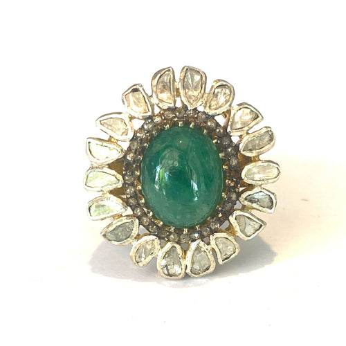 Sterling Silver Gold Plate Jade and Polki Diamond Ring