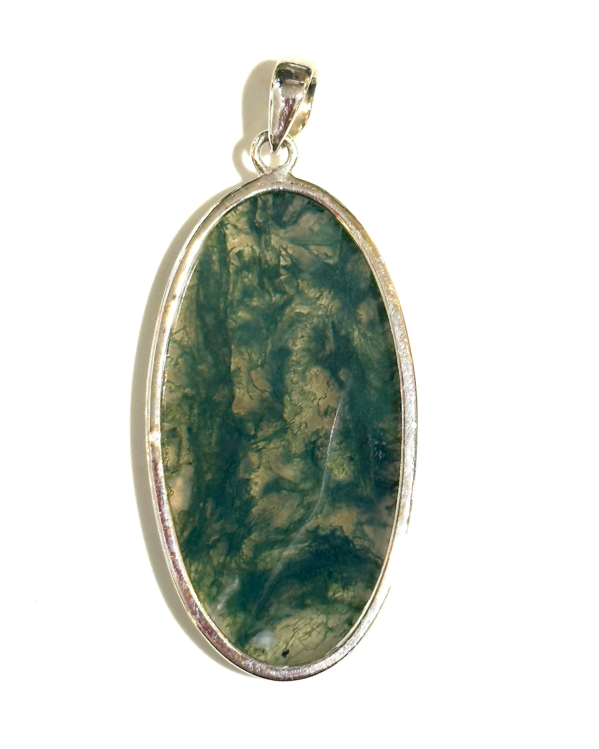 Large Oval Sterling Silver Moss Agate Pendant