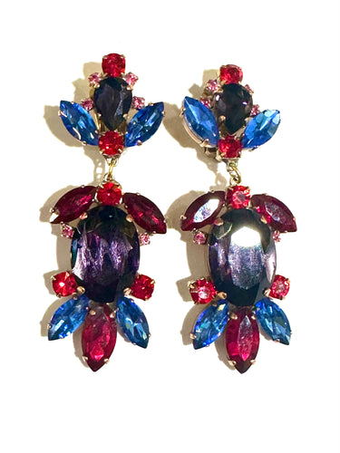 Blue and Purple Crystal Clip On Earrings