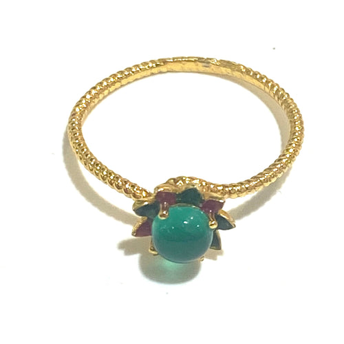 Green Onyx, Enamel and Brass Gold Plate Ring