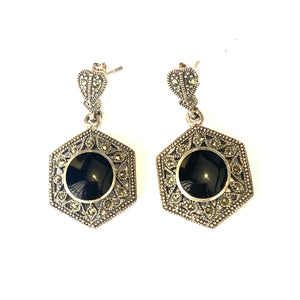 Sterling Silver Hexagonal Marcasite and Onyx Earrings