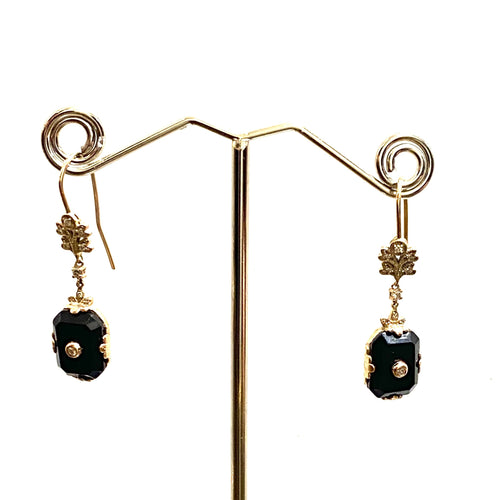 9ct Gold Onyx and Diamond Drop Earrings