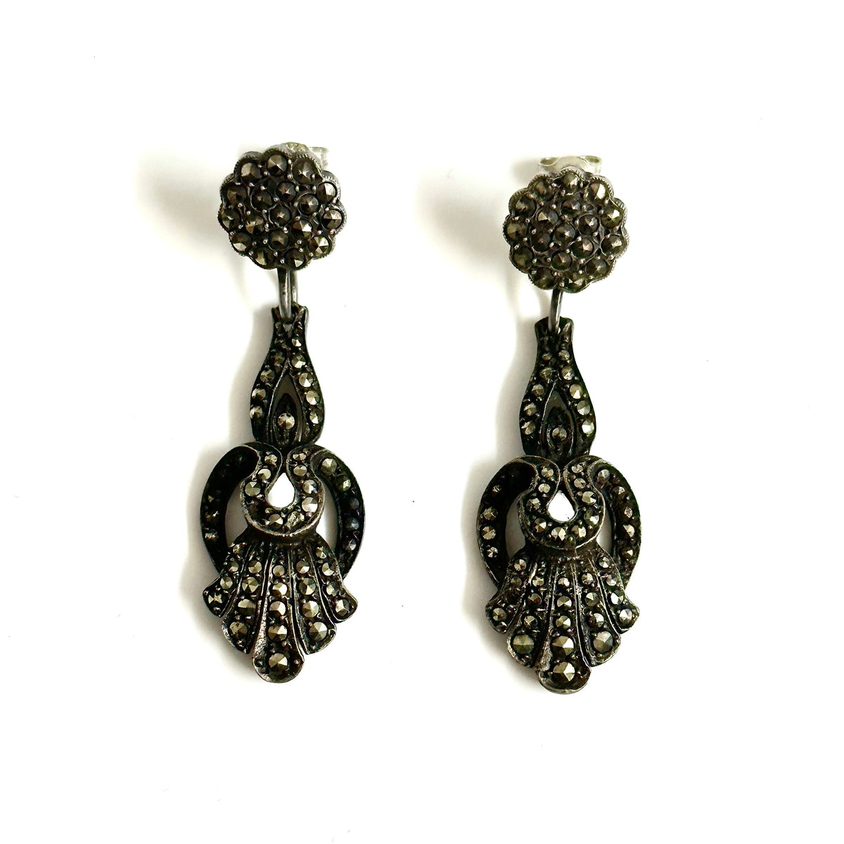 Sterling Silver Marcasite Stud Drop Earrings