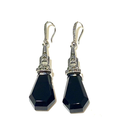 Sterling Silver Marcasite Black Onyx Stud Drop Earrings