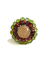 Sterling Silver Black Rhodium Plate Moonstone Garnet and Peridot Ring