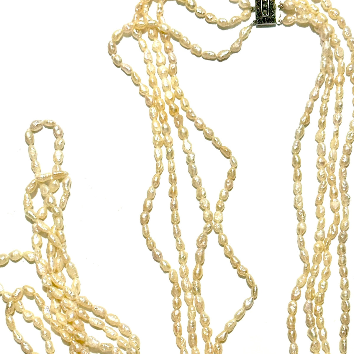4 Stranded Rice Pearl Marcasite Clasp Necklace