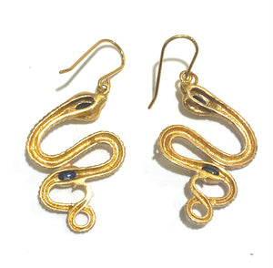Brass, Enamel and Sapphire Snake Earrings