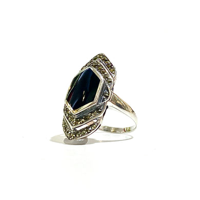 Sterling Silver Marcasite and Black Onyx Hexagonal Ring