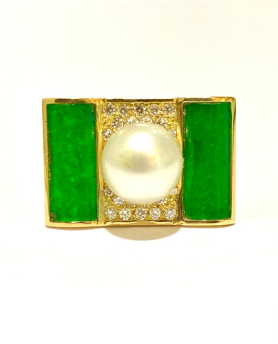 9ct Yellow Gold Diamond Jadeite Pearl Ring