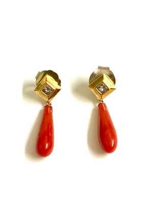 Vintage 9ct Gold Momo Coral and Diamond Stud Drop Earrings