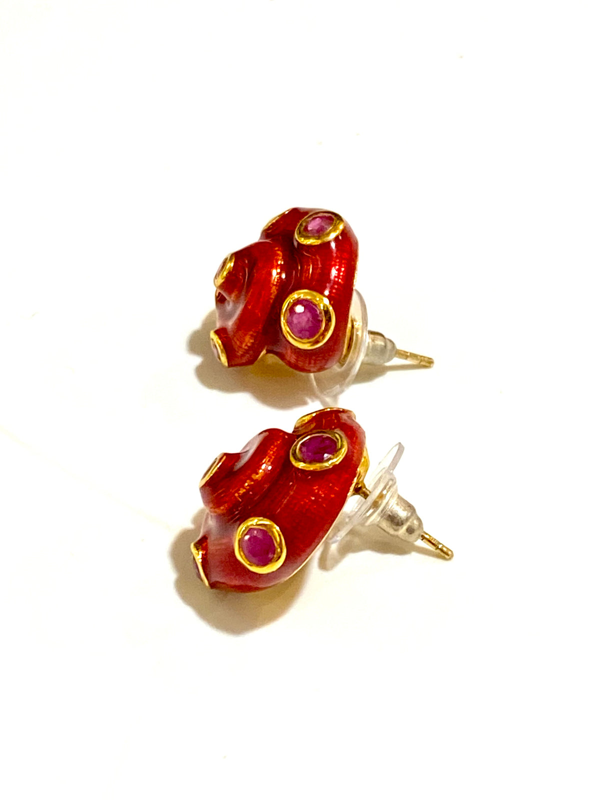 Sterling Silver Gold Plated Enamel and Ruby Stud Earrings