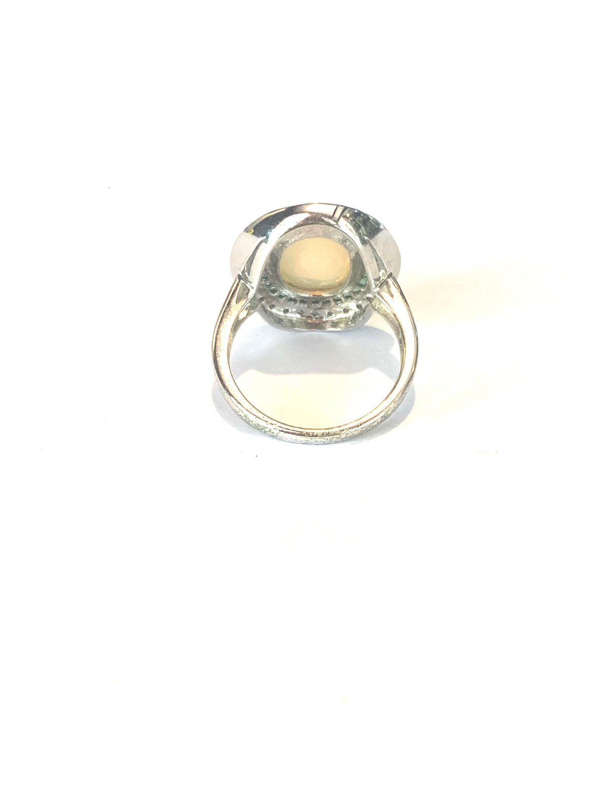 9ct White Gold Opal, Diamond and Emerald Ring