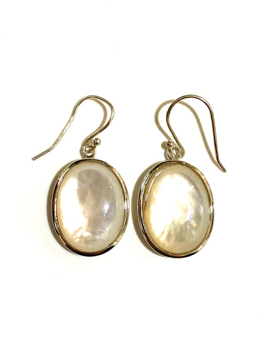 Large Mother of Pearl Sterling Silver Cabochon Drop Earrings