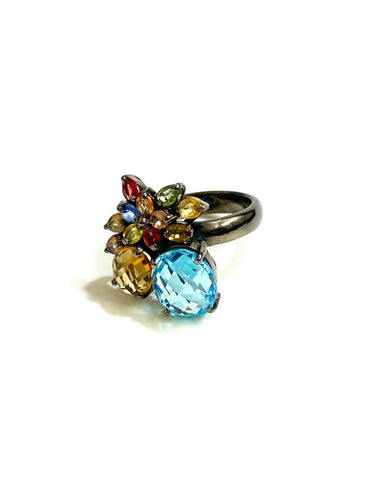 Sterling Silver Black Rhodium Plate Topaz Citrine Garnet Peridot Flower Cluster Ring