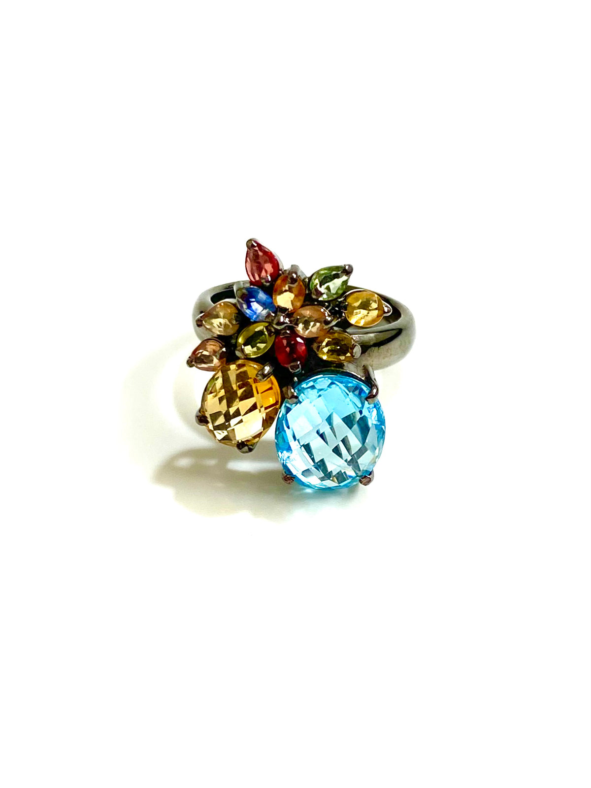 Sterling Silver Black Rhodium Plate Topaz Citrine Garnet Peridot Flower Cluster Ring