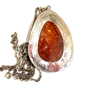 Large Sterling Silver Baltic Amber Honey Coloured Pendant and Chain Set