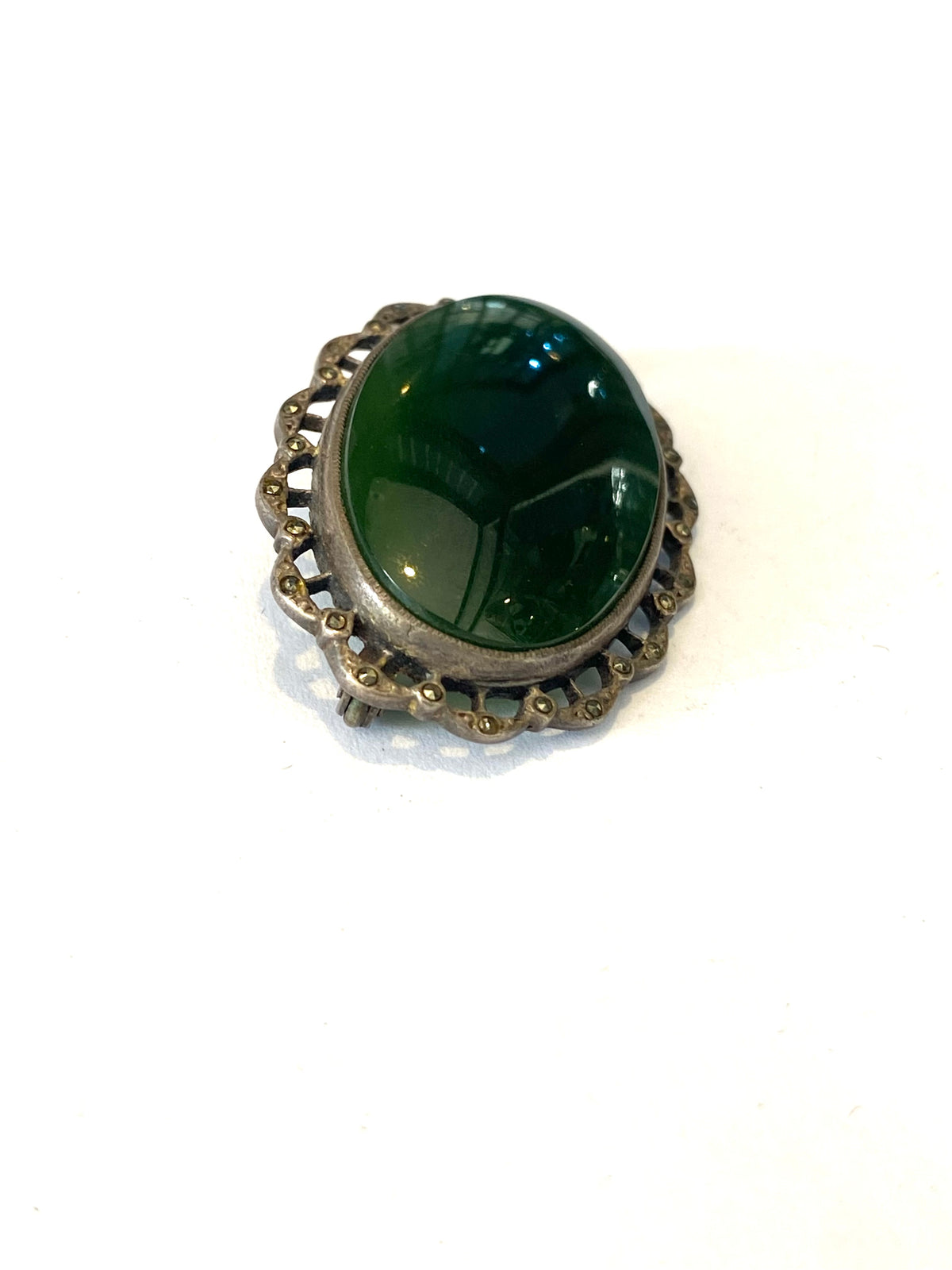 Sterling Silver Jadeite and Marcasite Brooch