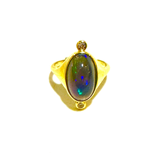 18ct Yellow Gold Black Opal Cabochon and Diamond Ring