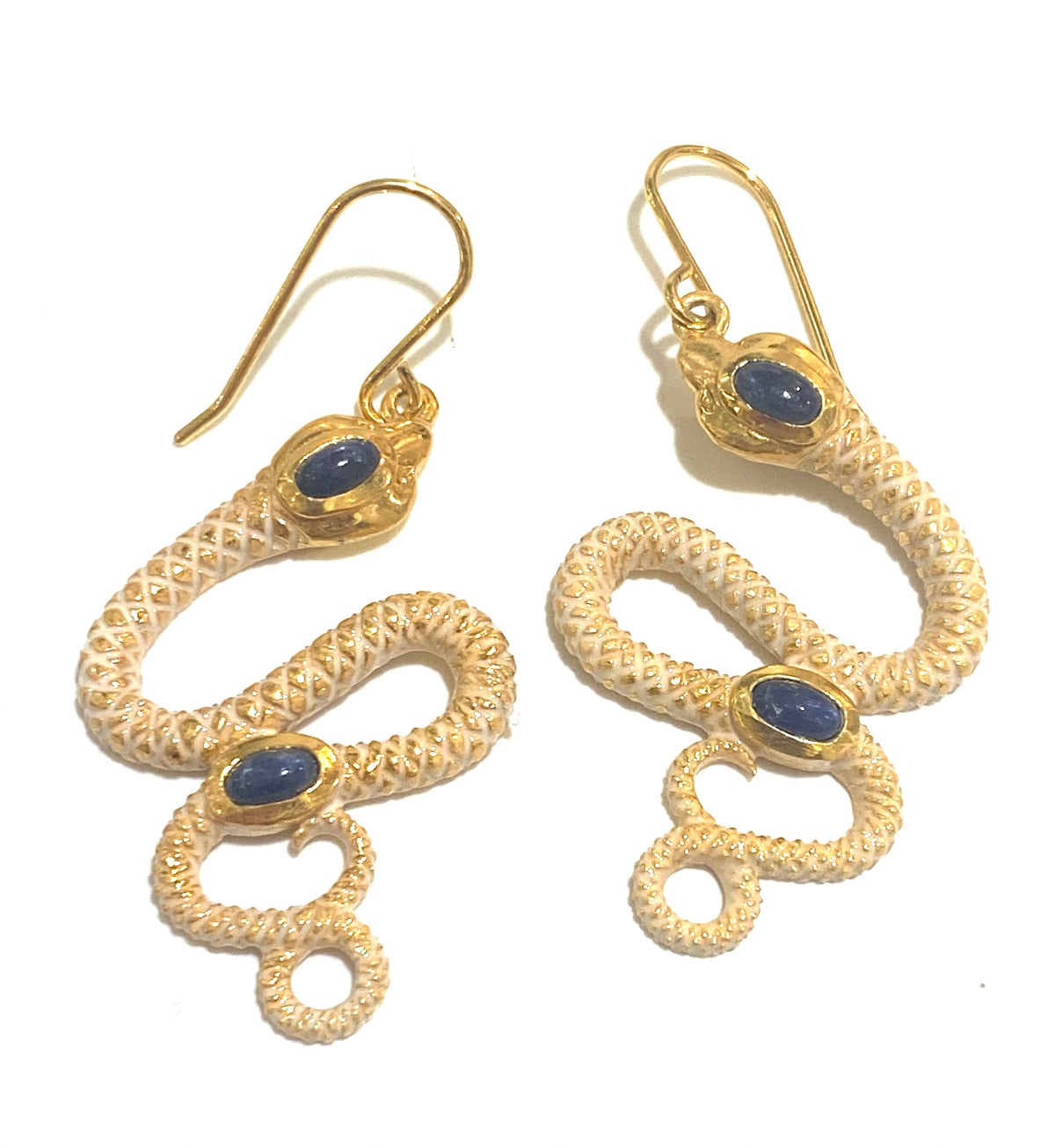 Brass, Enamel and Sapphire Snake Earrings