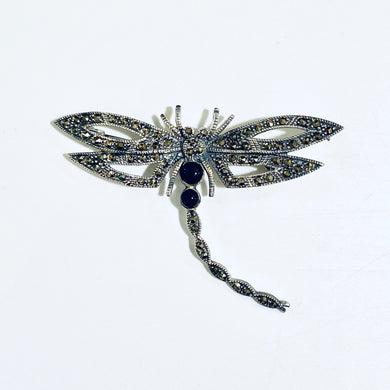 Sterling Silver Marcasite and Black Onyx Dragonfly Brooch