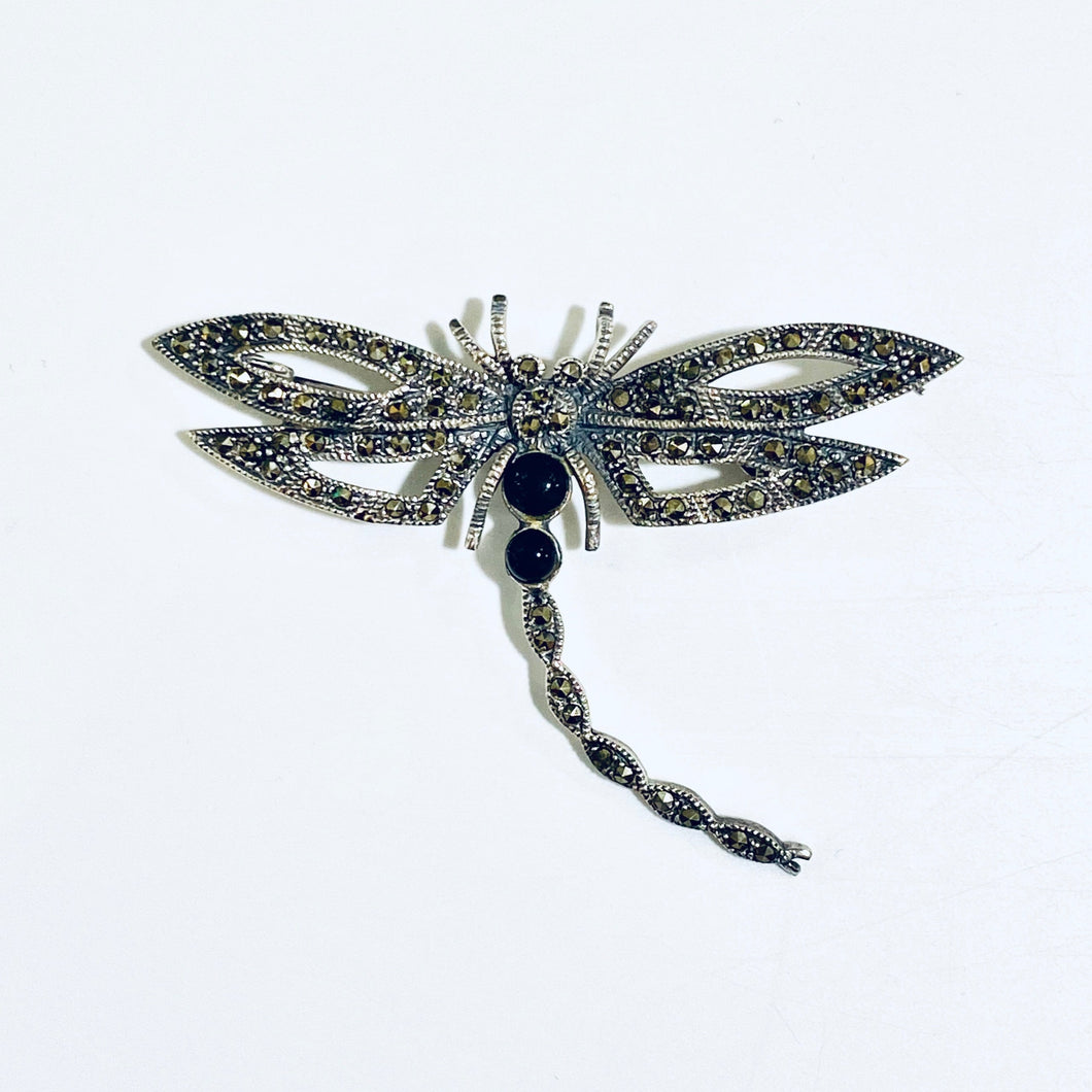 Sterling Silver Marcasite and Black Onyx Dragonfly Brooch