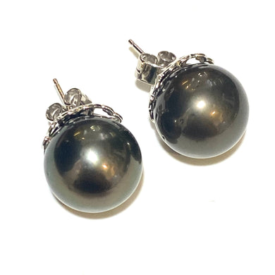Sterling Silver 16mm Black Tahitian Pearl Earrings