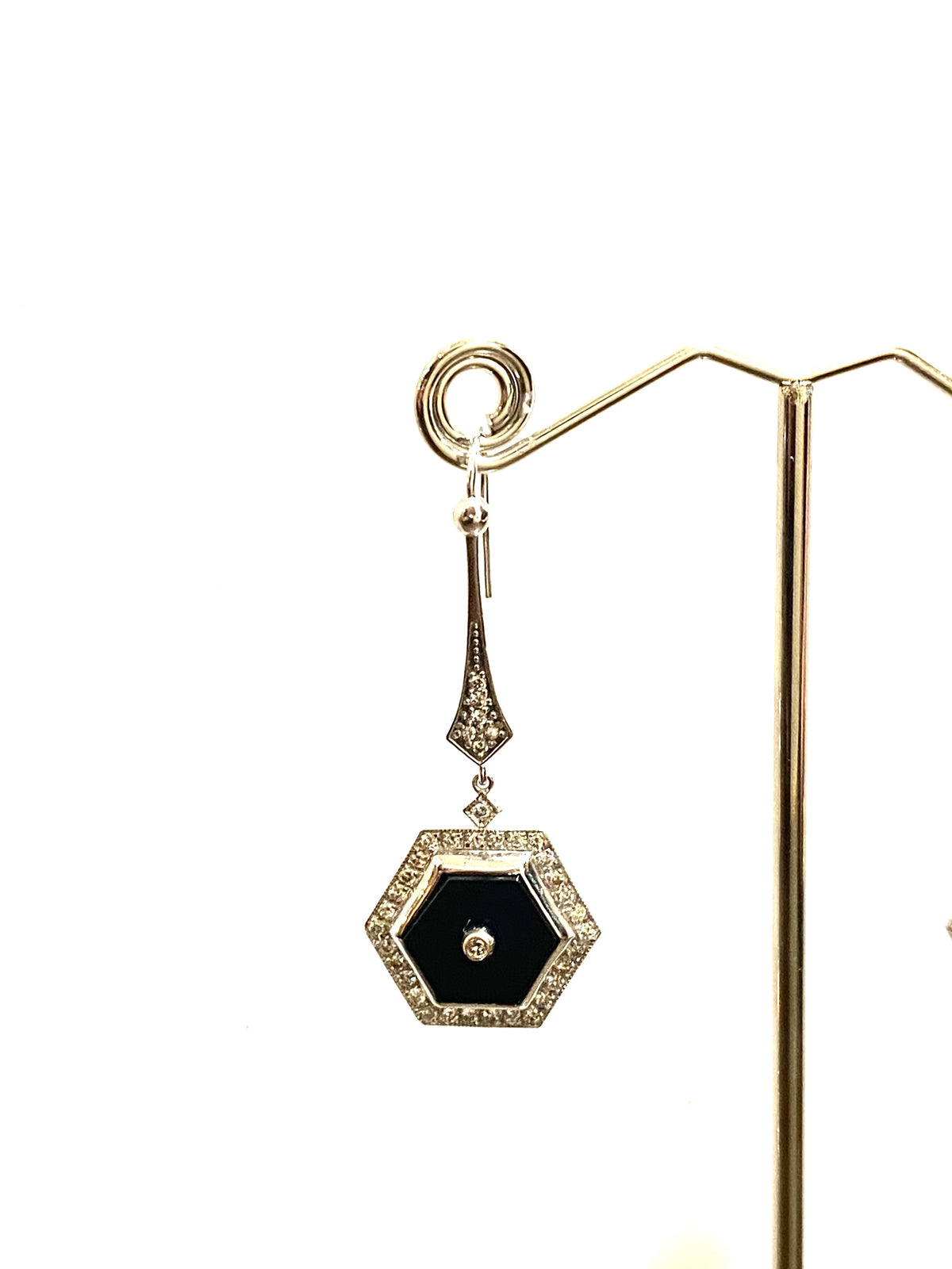 9ct White Gold Onyx and Diamond Drop Earrings