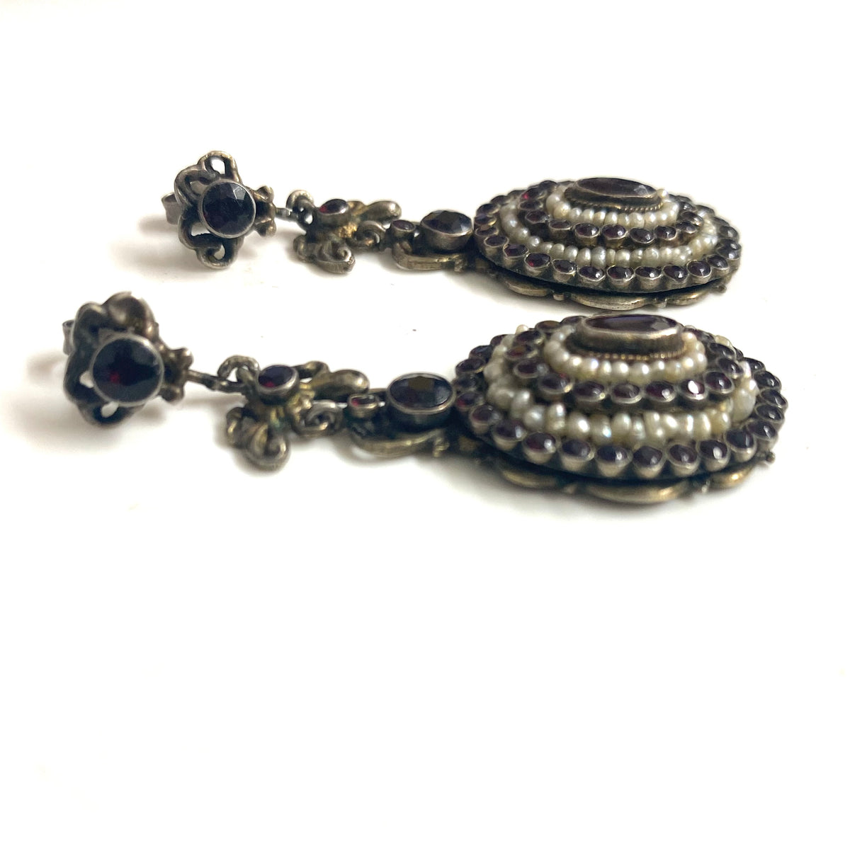 Vintage 9ct Gold Garnet and Seed Pearl Drop Earrings