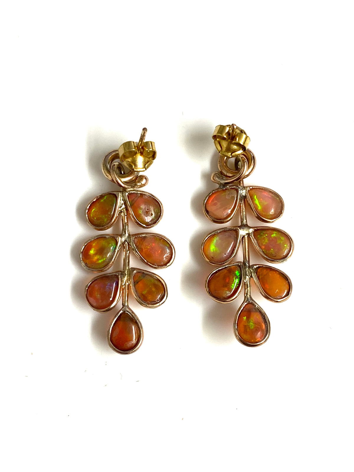 9ct Gold Opal and Diamond Leaf Design Earrings