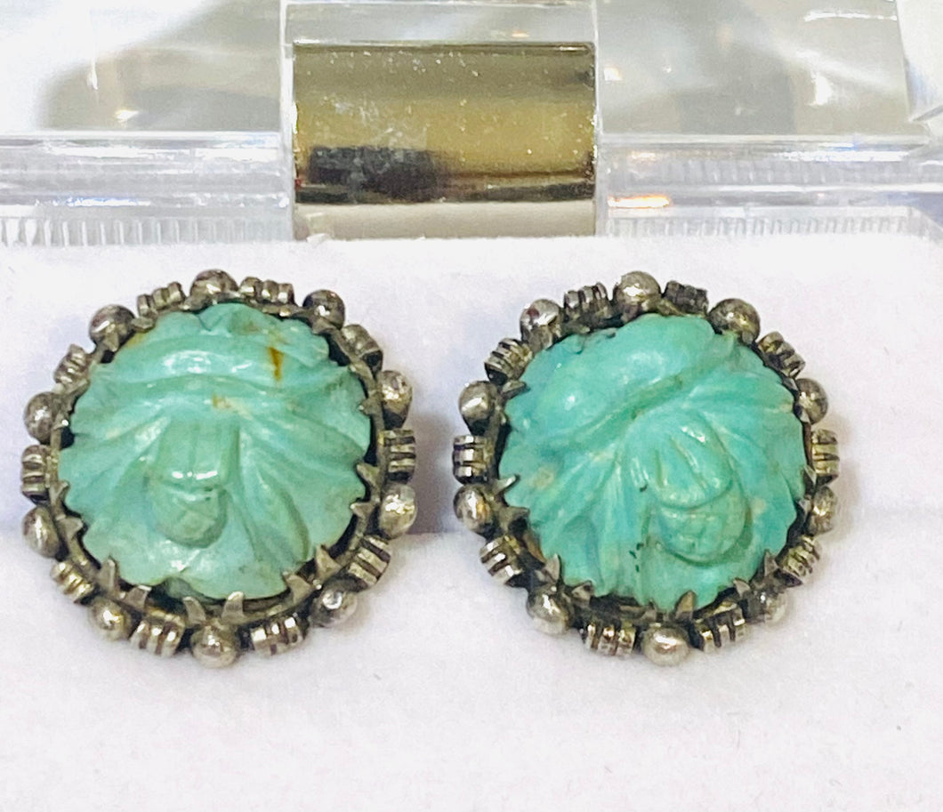 Chinese Vintage Carved Turquoise Sterling Silver Clip On Earrings