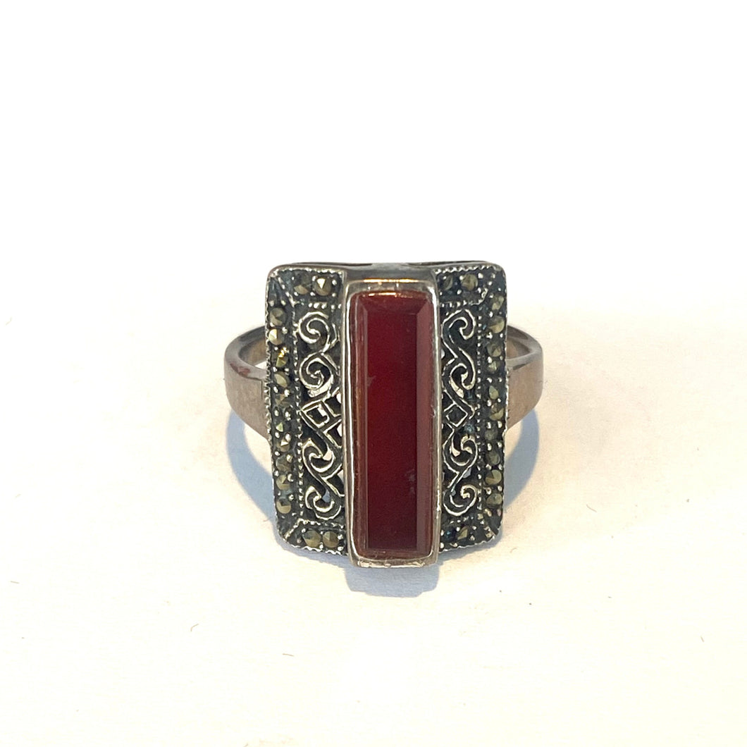 Sterling Silver Carnelian and Marcasite Square Ring