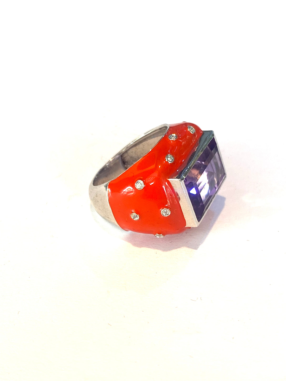 Sterling Silver Enamel, CZ and Amethyst Ring