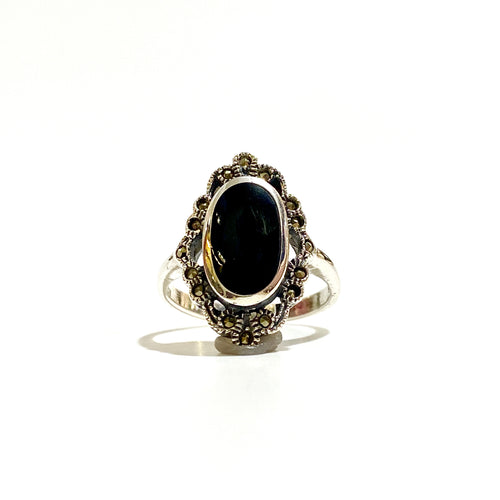 Sterling Silver Black Onyx and Marcasite Ring