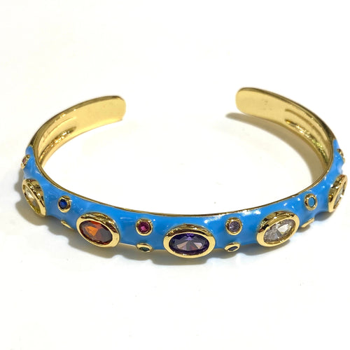 Blue Enamel, Crystal and Brass Cuff