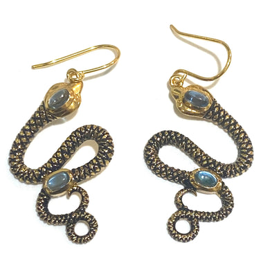 Enamel, Topaz and Brass Snake Earrings