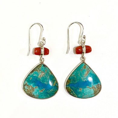 Sterling Silver Turquoise and Coral Teardrop Earrings