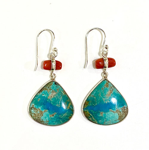 Sterling Silver Turquoise and Coral Teardrop Earrings