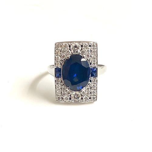 9ct White Gold Sapphire and Diamond Art Deco Inspired Ring