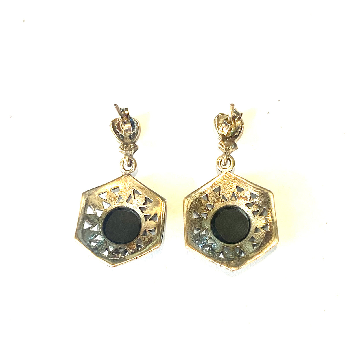Sterling Silver Hexagonal Marcasite and Onyx Earrings