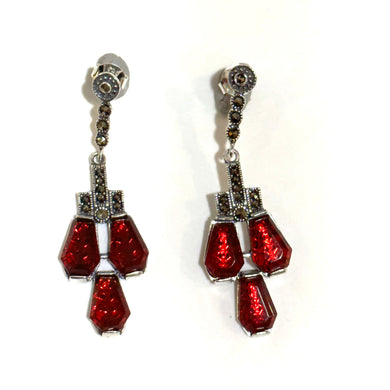 Sterling Silver Marcasite and Red Paste Stud Drop Earrings