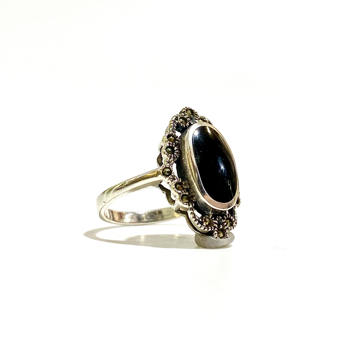 Sterling Silver Black Onyx and Marcasite Ring