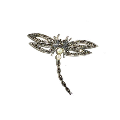 Sterling Silver Marcasite and Mother of Pearl Dragonfly Brooch