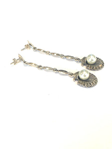 Sterling Silver Pearl and Marcasite Drop Earrings