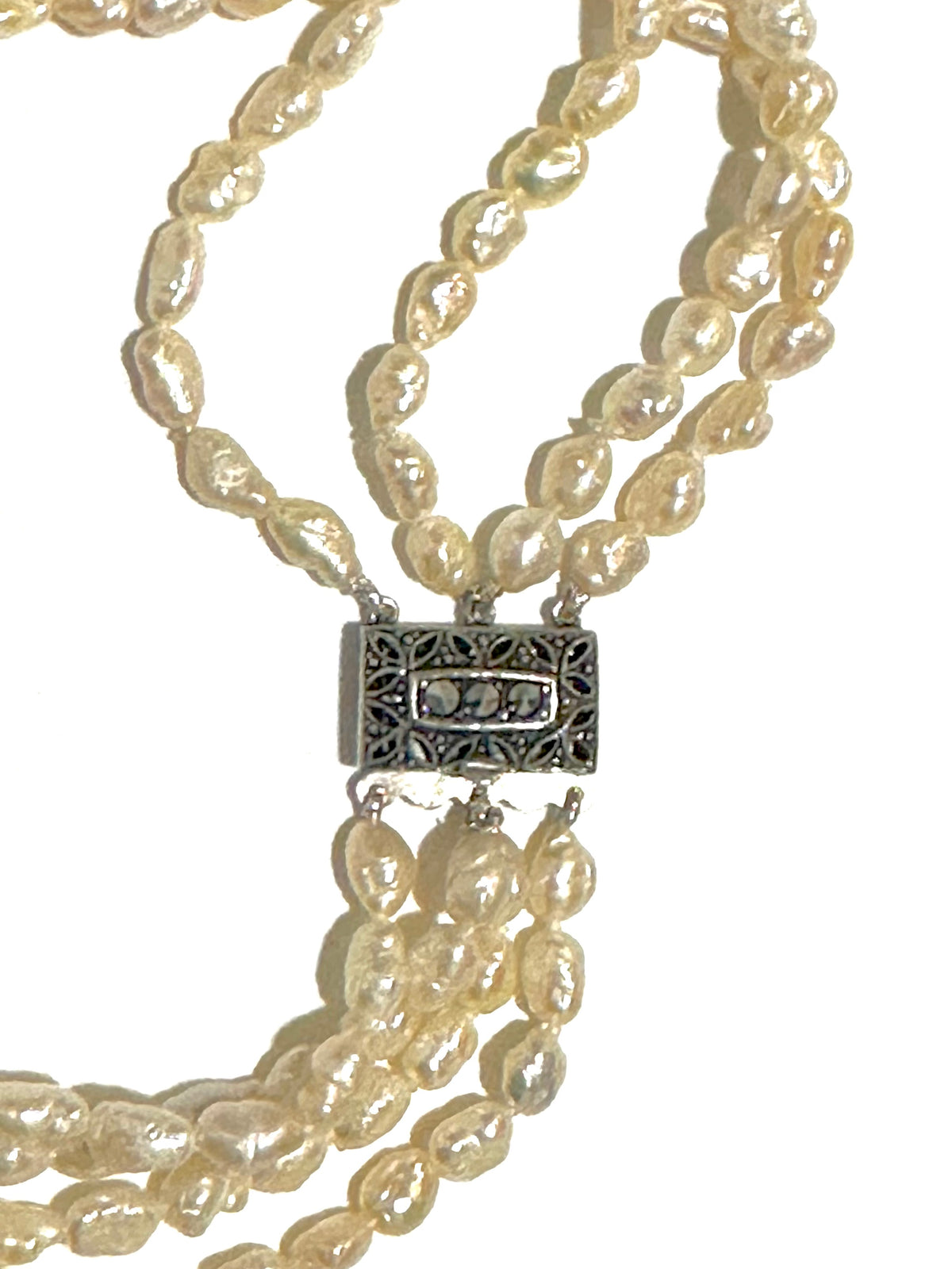 4 Stranded Rice Pearl Marcasite Clasp Necklace