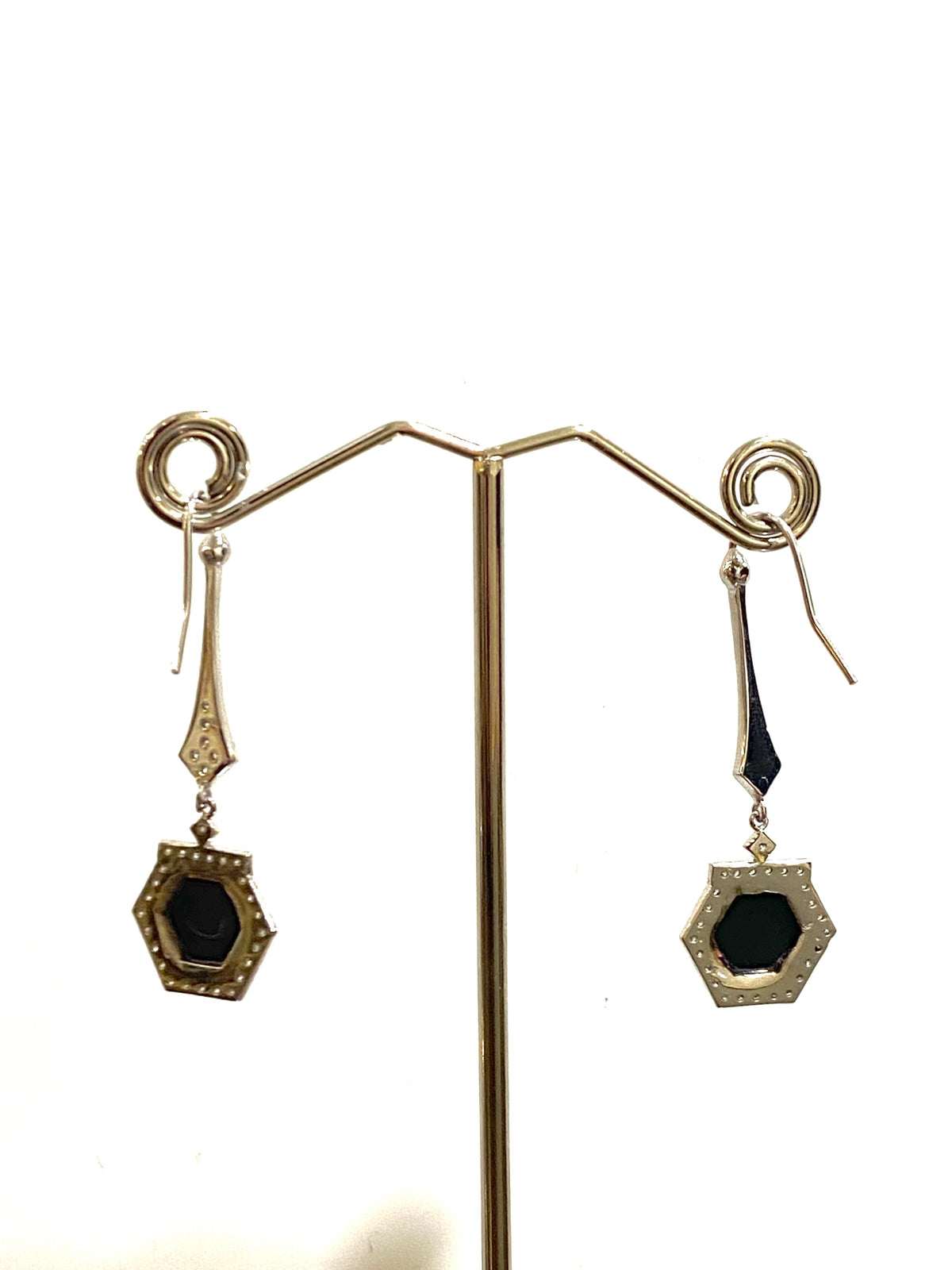 9ct White Gold Hexagonal Onyx and Diamond Drop Earrings