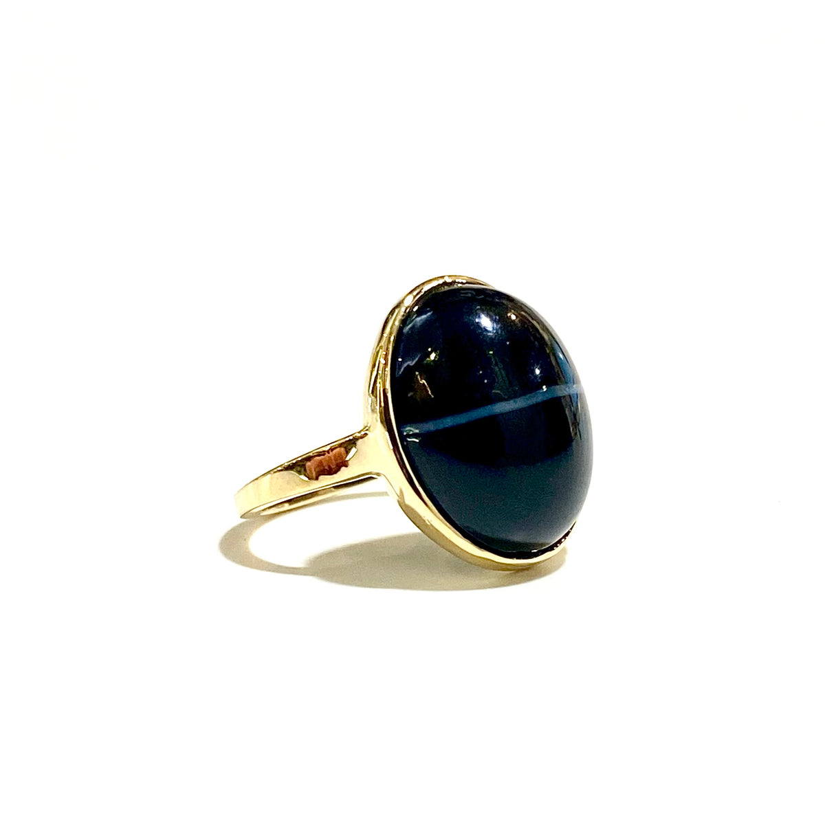 9ct Yellow Gold Banded Black Onyx Cabochon Ring