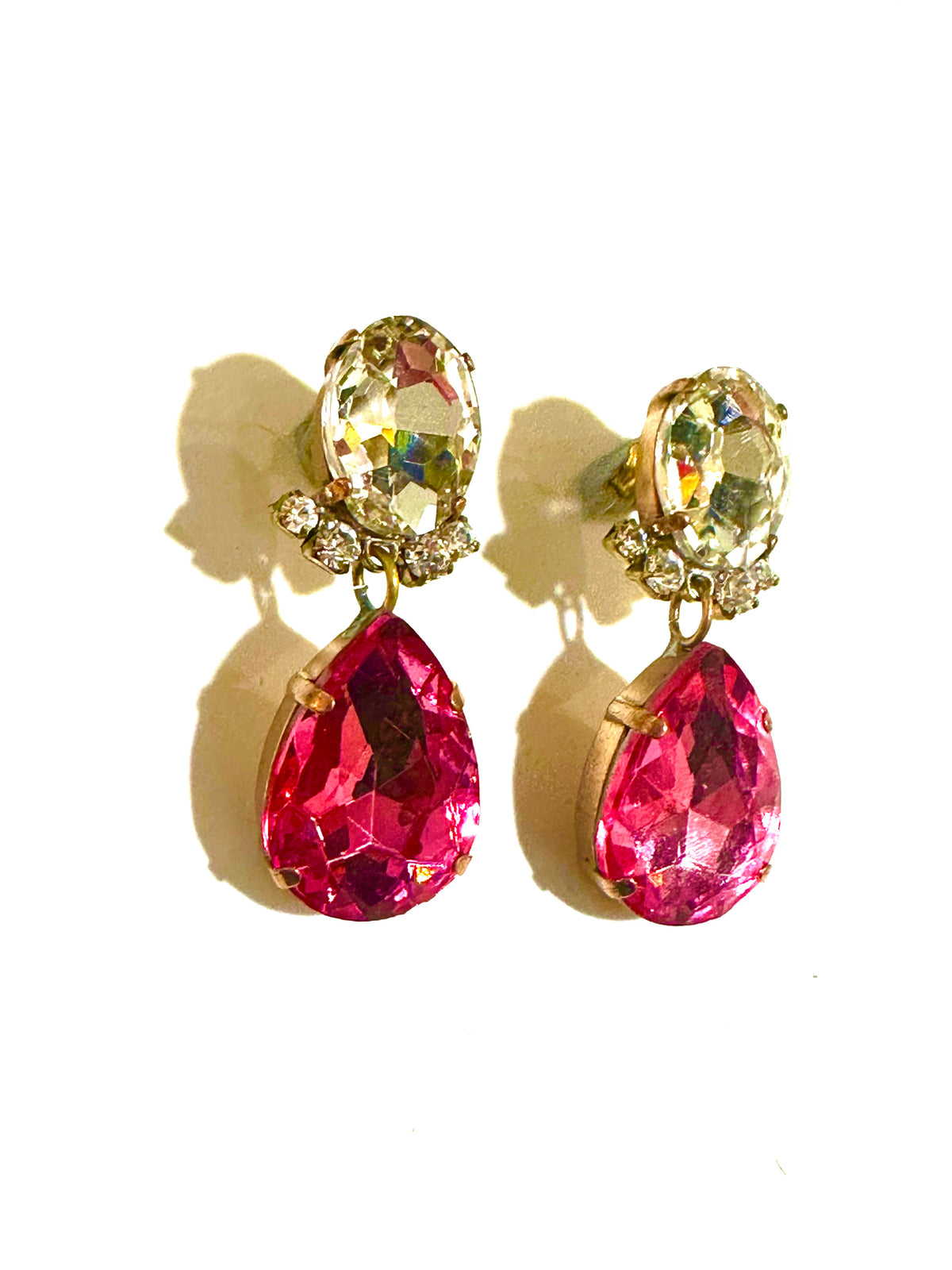 Czech Crystal White and Pink Clip On Earrings