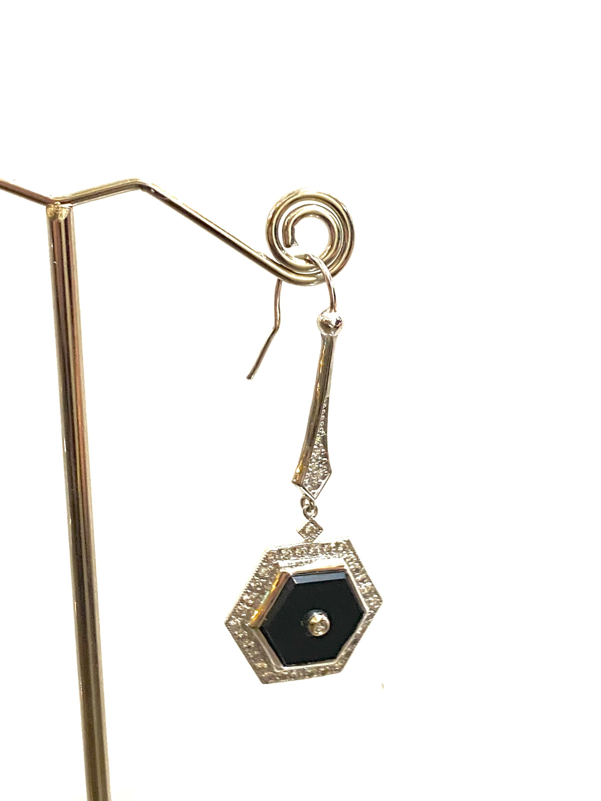 9ct White Gold Onyx and Diamond Drop Earrings