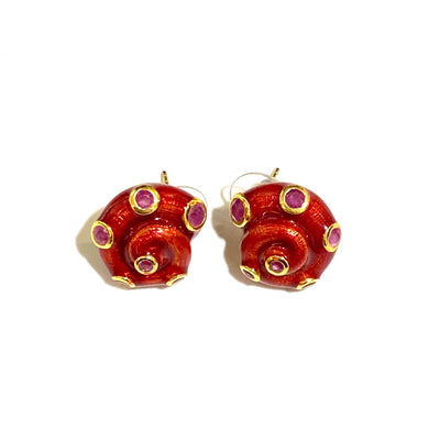 Sterling Silver Gold Plated Enamel and Ruby Stud Earrings