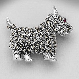 Sterling Silver Marcasite and Ruby Scottish Terrier Brooch